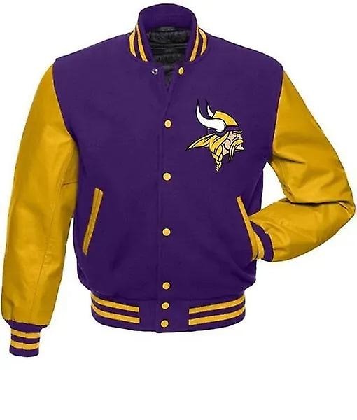 Purple and yellow varsity jacket with leather sleeves