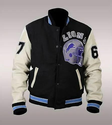 Black and white lions varsity jacket with leather sleeves