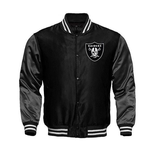 Black on black varsity jacket with leather sleeves