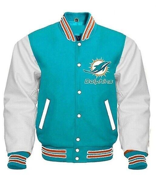 Blue and white varsity jacket with leather sleeves