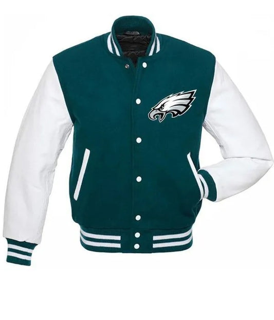 Green and white varsity jacket with leather sleeves