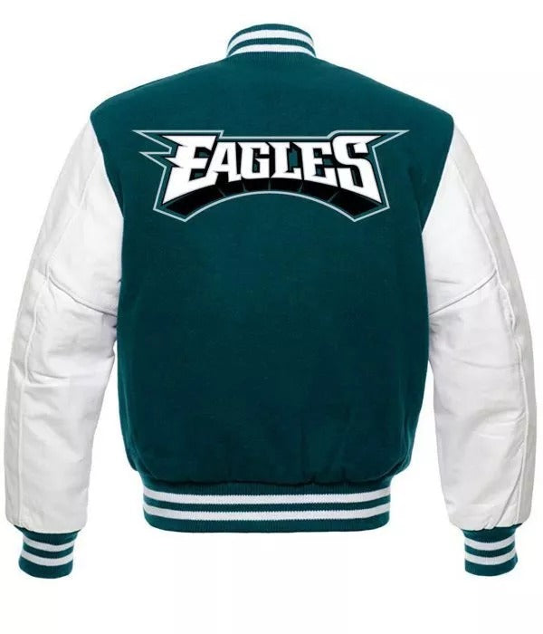 Green and white varsity jacket with leather sleeves