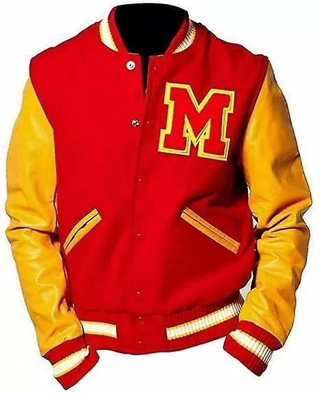 Red and yellow varsity jacket wit leather sleeves